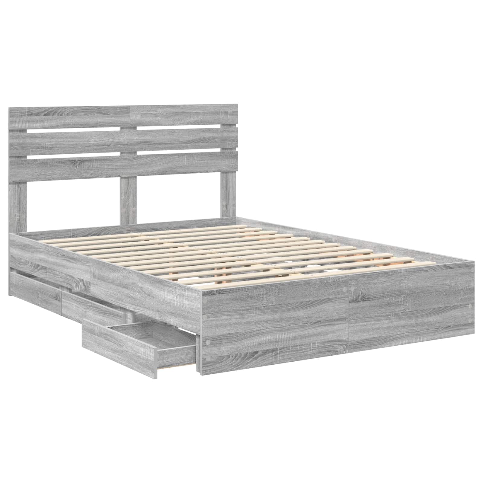 Marco de cama moderno de madera compuesta en gris sonoma 160 x 200 cm con somier de listones y cajones de almacenamiento ocultos, diseño autosostenido