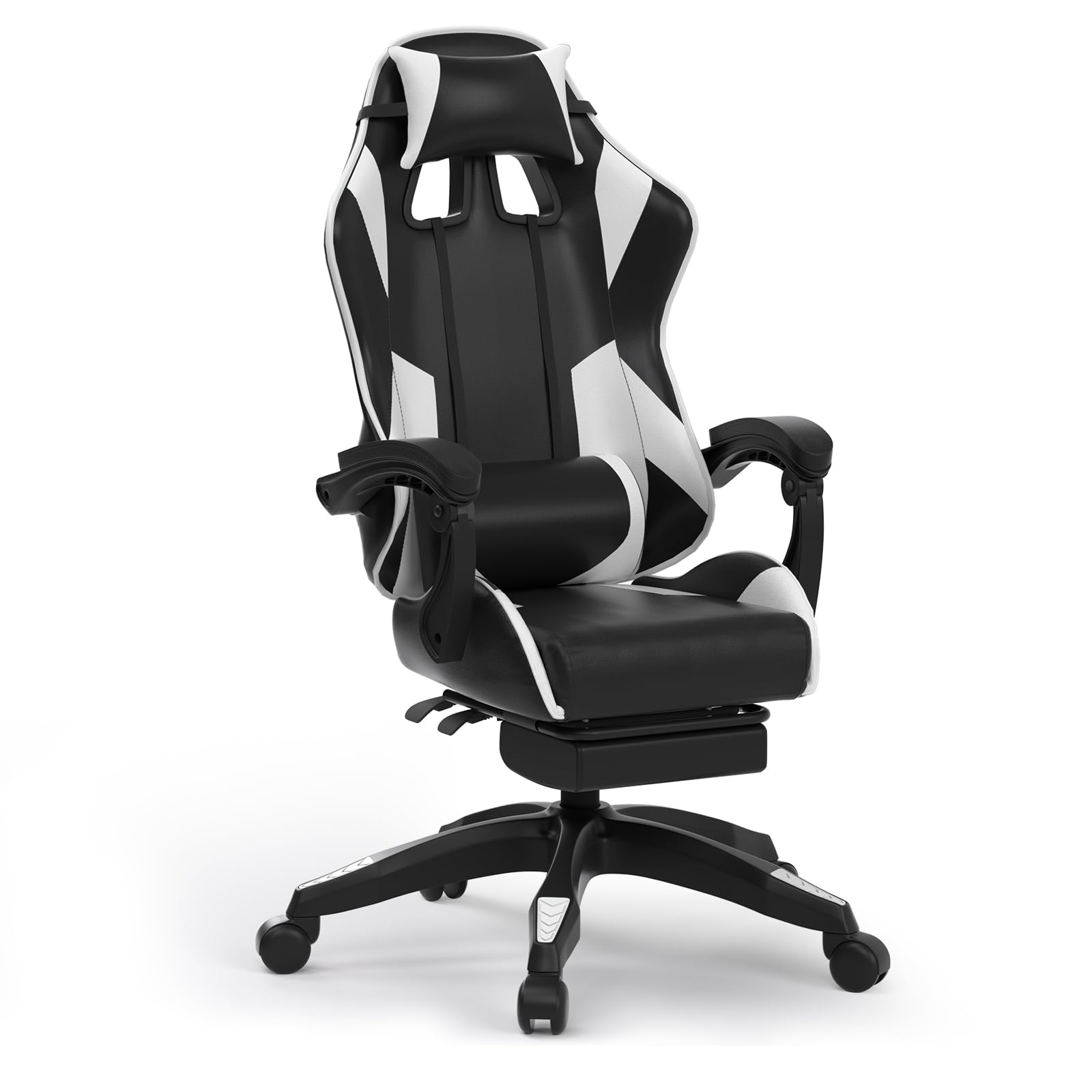Chaise Gaming Ergonomique,Fauteuil avec Repose-piedsrétractable et Appui-tête,Réglable Siege - Noir et Blanc