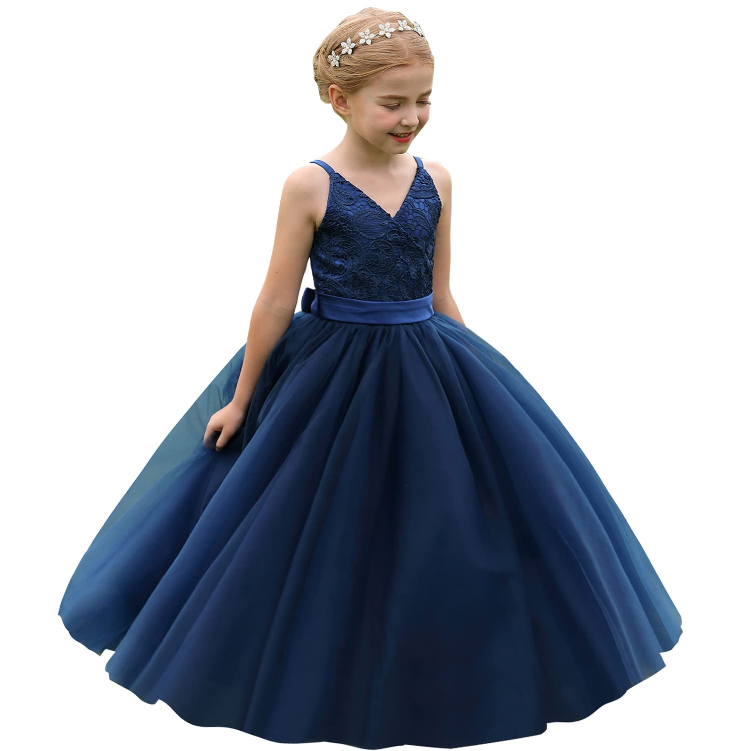 Flower Girl Dress V Neckline Little Girl Ball Gown Lace Birthday Party Bridesmaid Dresses (Size 10,Navy)