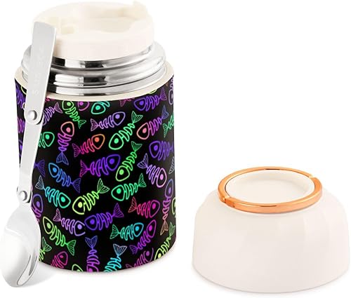 Miniatura 1 de MCHIVER Neon Fish Skeletons Food Jar with Spoon Stainless Steel Vacuum Insulated Food Container 17 oz Thermos for Hot Food