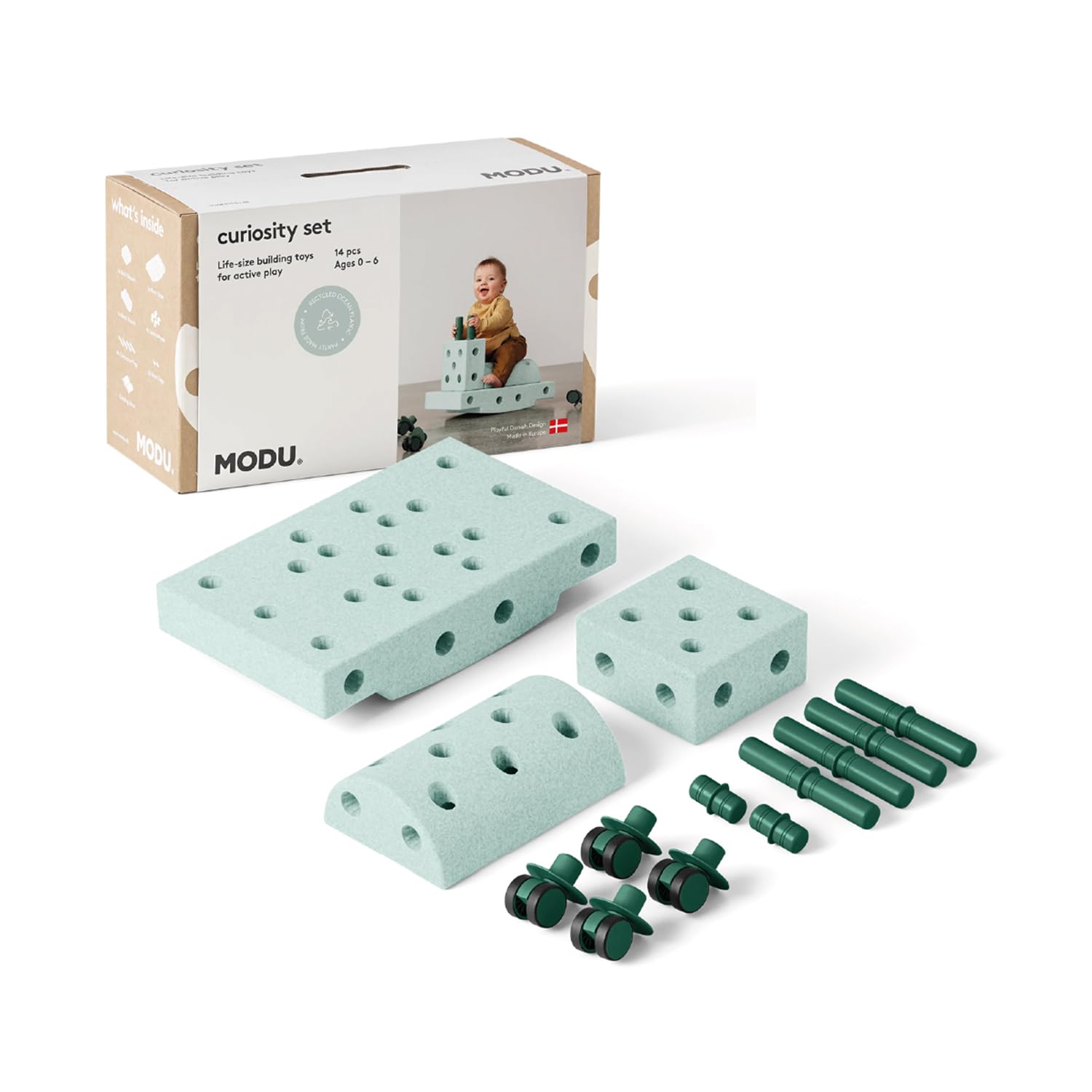Modu Baukasten Starter-Set Playsystem Curiosity von 0-6 Jahren - Ocean Mint/Forest Green