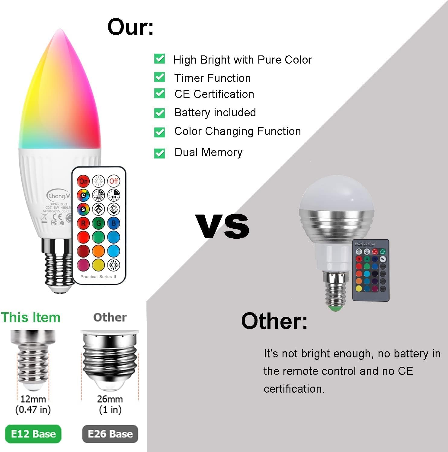 ChangM Lampadina LED Cambia Colore, Lampadina a Candela, RGB Dimmerabile E14 Candela Led con Telecomando, 5W (sostituisce 40W) Bianco Freddo 5700K, Confezione da 10