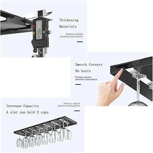 Miniatura 6 de Estante para copas de vino de acero inoxidable para debajo del gabinete, soporte para colgar copas de vino, sin perforar, organizador de secado para