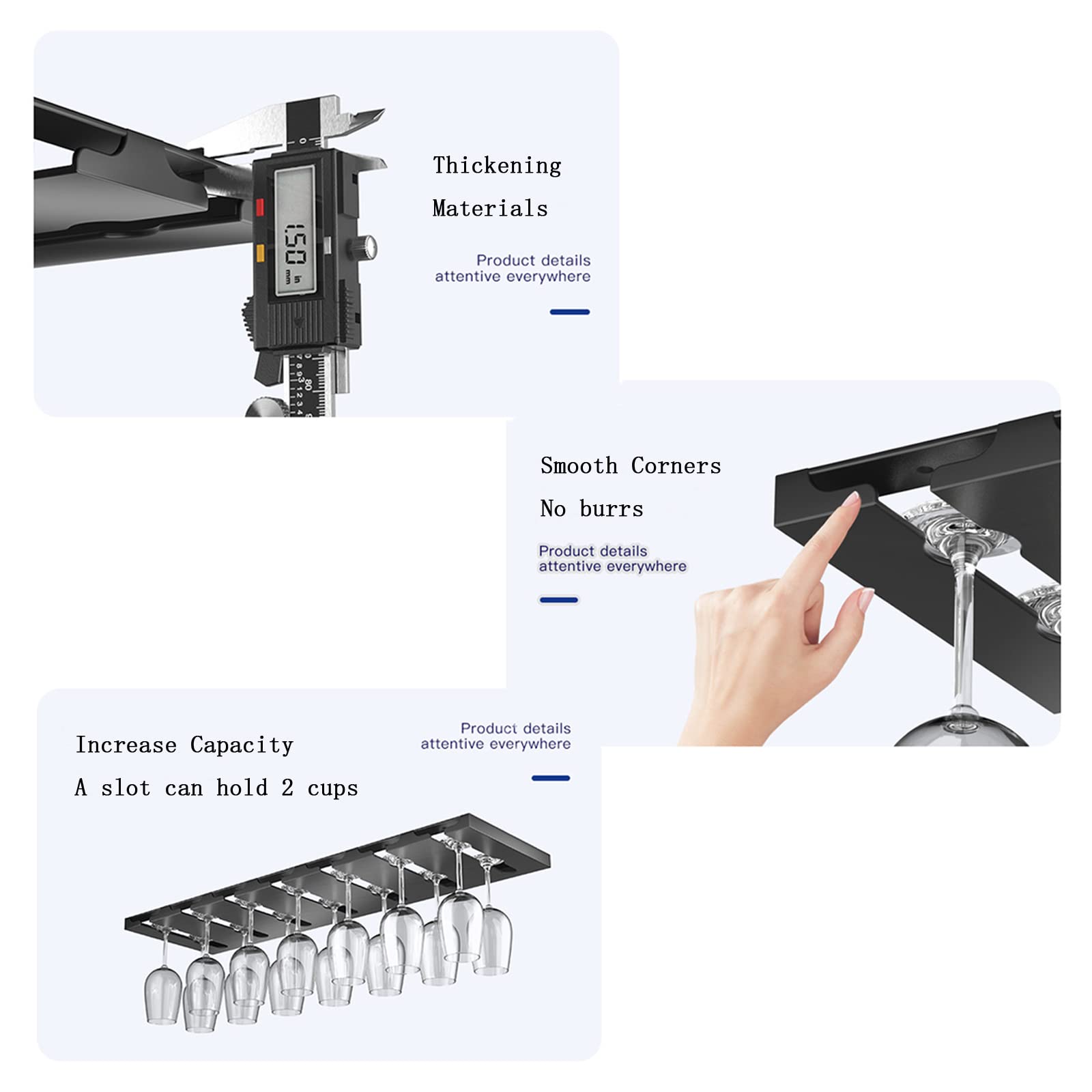 Porta Bicchieri Vino Acciaio Inossidabile Sotto l'Armadio Calici Appeso Supporto Senza Foratura Metallo Bicchieri Vino Asciugatura Organizzatore Stoccaggio per Armadio Cucina Bar (3 Slot)