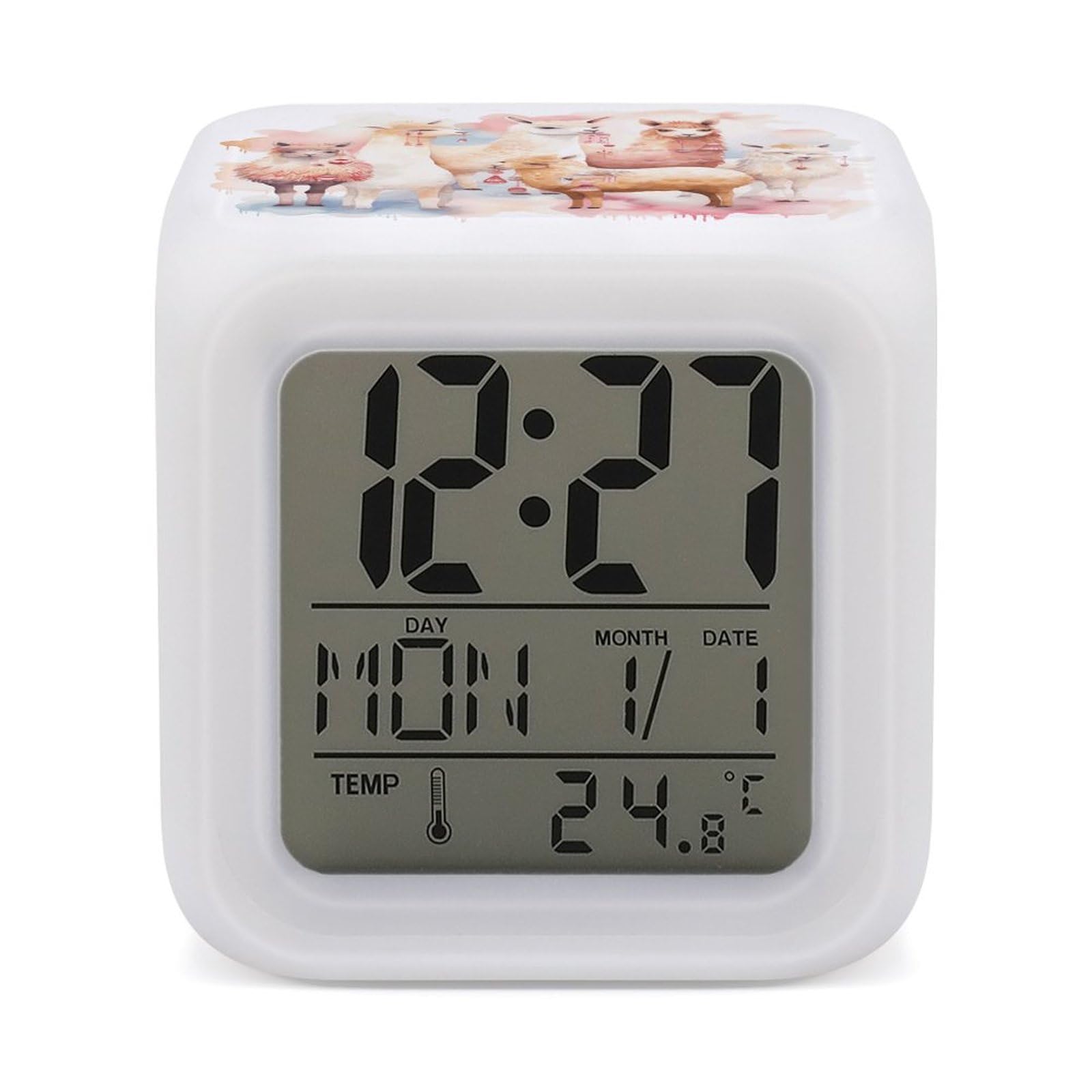VstaDank Alpaca2 Alarm Clock with 7 Color Changing Night Light Date Temp Display Wake Clocks LED Display Digital Clock Electric Desk Clocks for Living Office Bedroom Decor