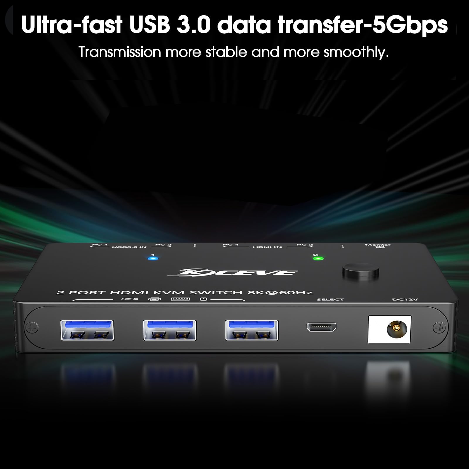 Przełącznik KVM 8K@60Hz 4K@120Hz, ESKEVE HDMI KVM Switch dla 2 komputerów dzielących 1 monitor i 3 urządzenia USB3.0, przewodowy pilot zdalnego sterowania i kabel USB w zestawie