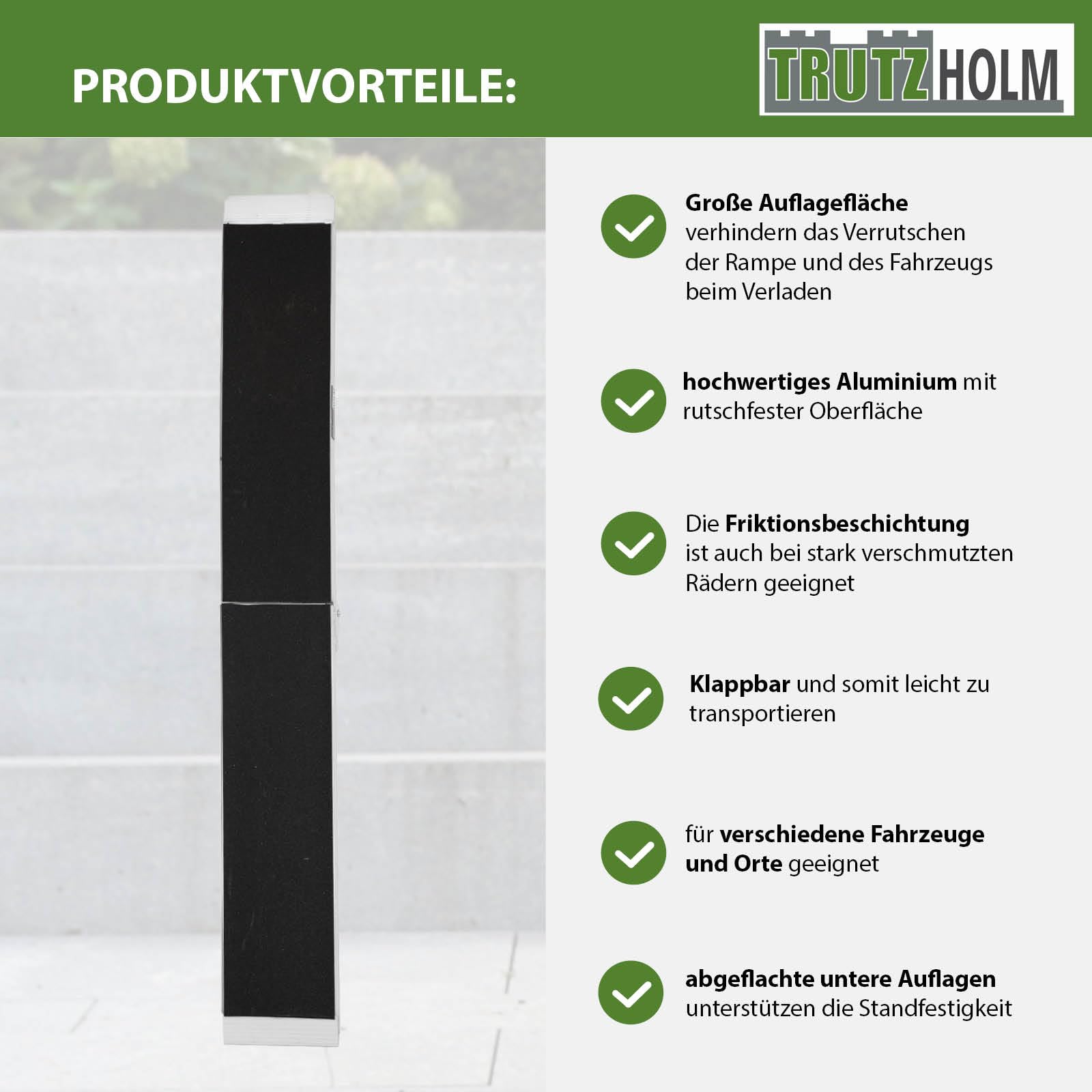 TRUTZHOLM 2X Auffahrrampe klappbar Länge 228 cm 340 kg Traglast je Stück 680 kg Gesamttraglast Aluminium Friktionsbeschichtung Anti Rutsch E-Bike-Rampe Fahrradrampe Motorradrampe inkl. 2X Spanngurt