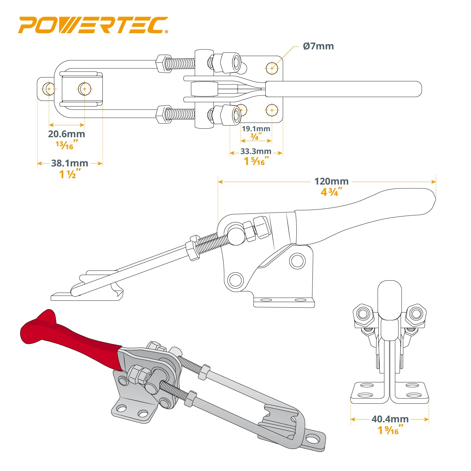 POWERTEC 20324 Pionowy zacisk bujany 40344 W Gwintowana śruba U i czerwony uchwyt winylowy - 898,1 kg, 1PK