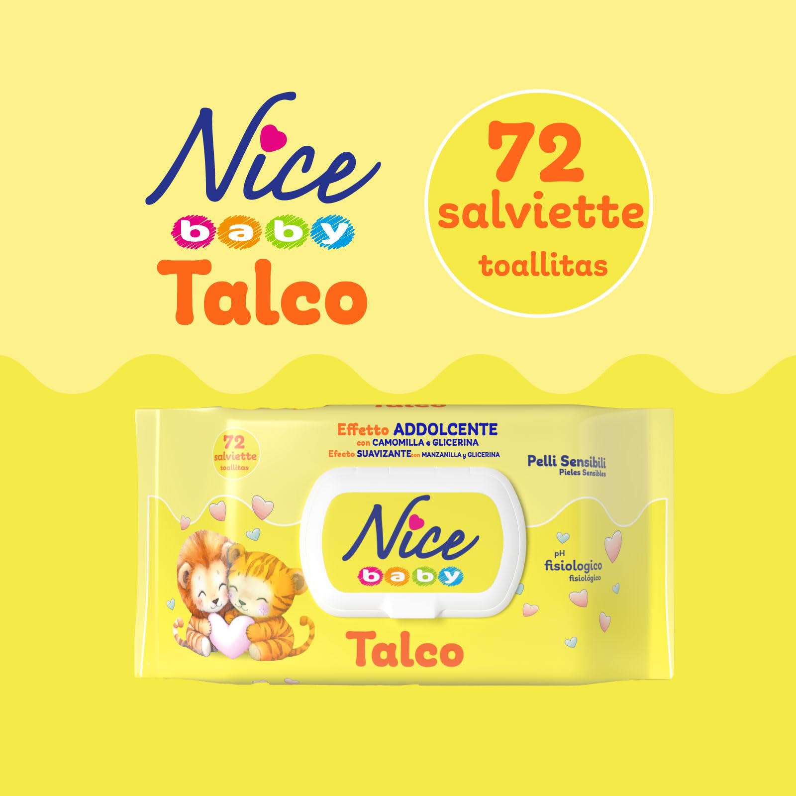 Nice - Lingettes nettoyantes pour enfants et nourrissons - Avec camomille et glycérine - Parfum doux au talc - Testé dermatologiquement - Format : 72 Lingettes -