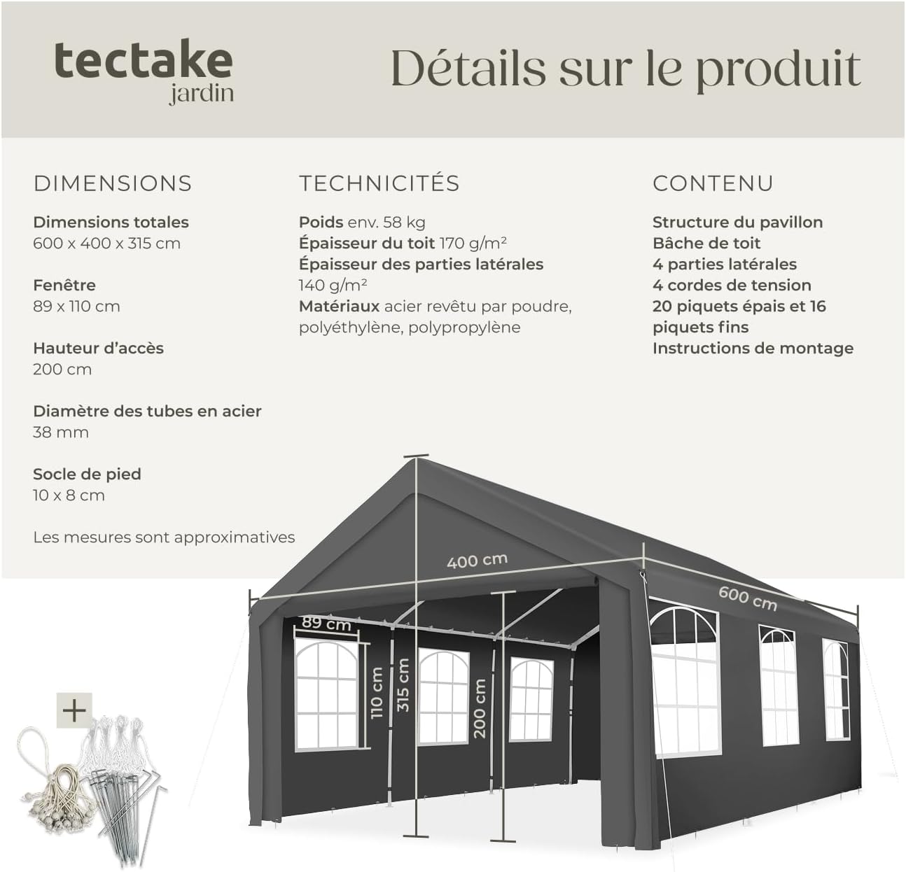 Diagram showing all components of the TecTake Garden Gazebo, including dimensions and parts list