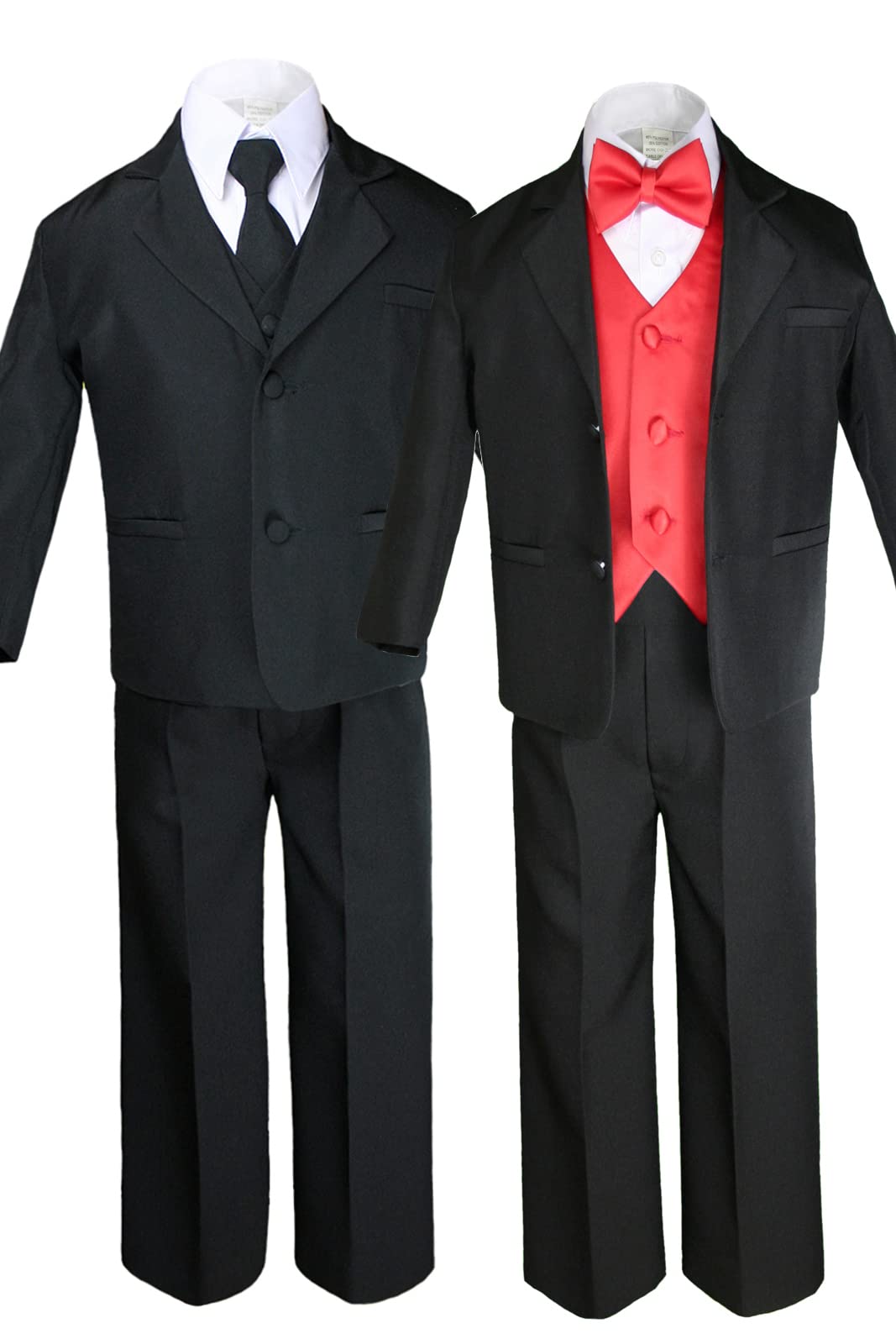 7pc Boys Black Suit with Satin Red Vest Set (S-20) (XL:(18-24 months))