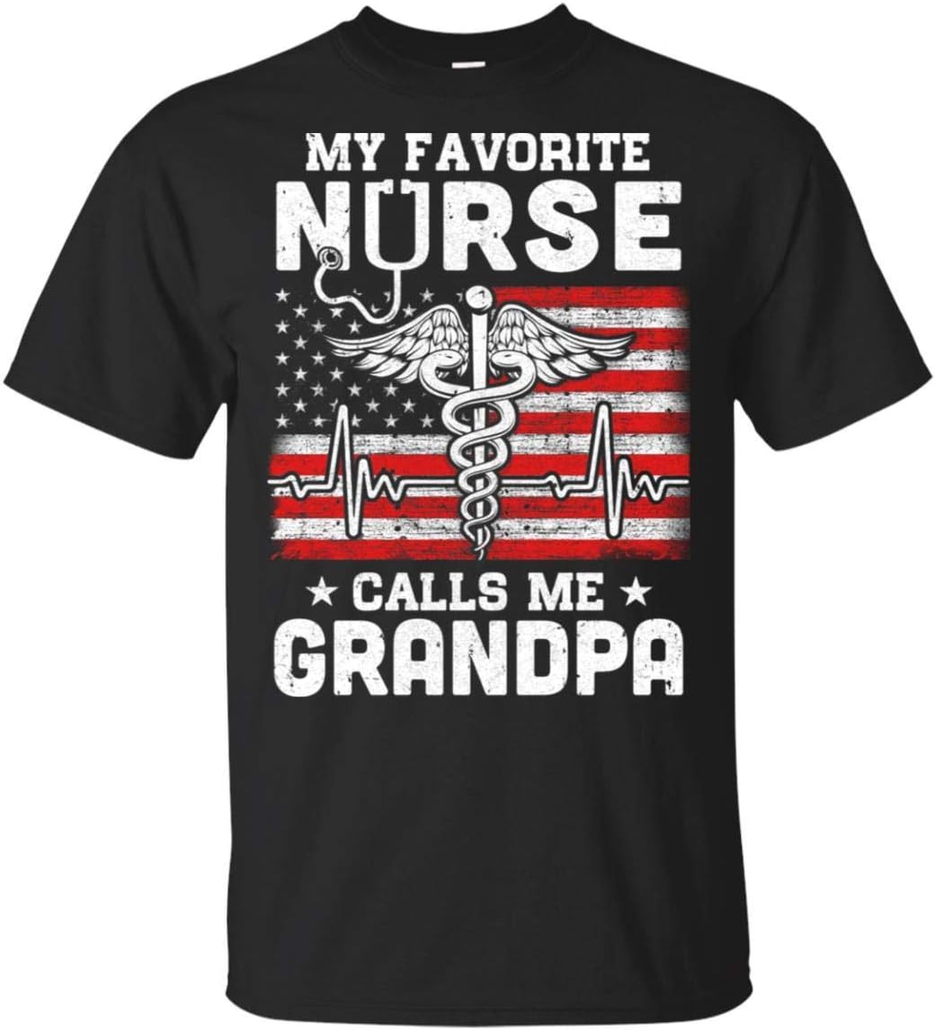 Ateesdas My Favorite Nurse Calls Me Grandpa USA Flag Father's Day Shirt Short Sleeve Tee