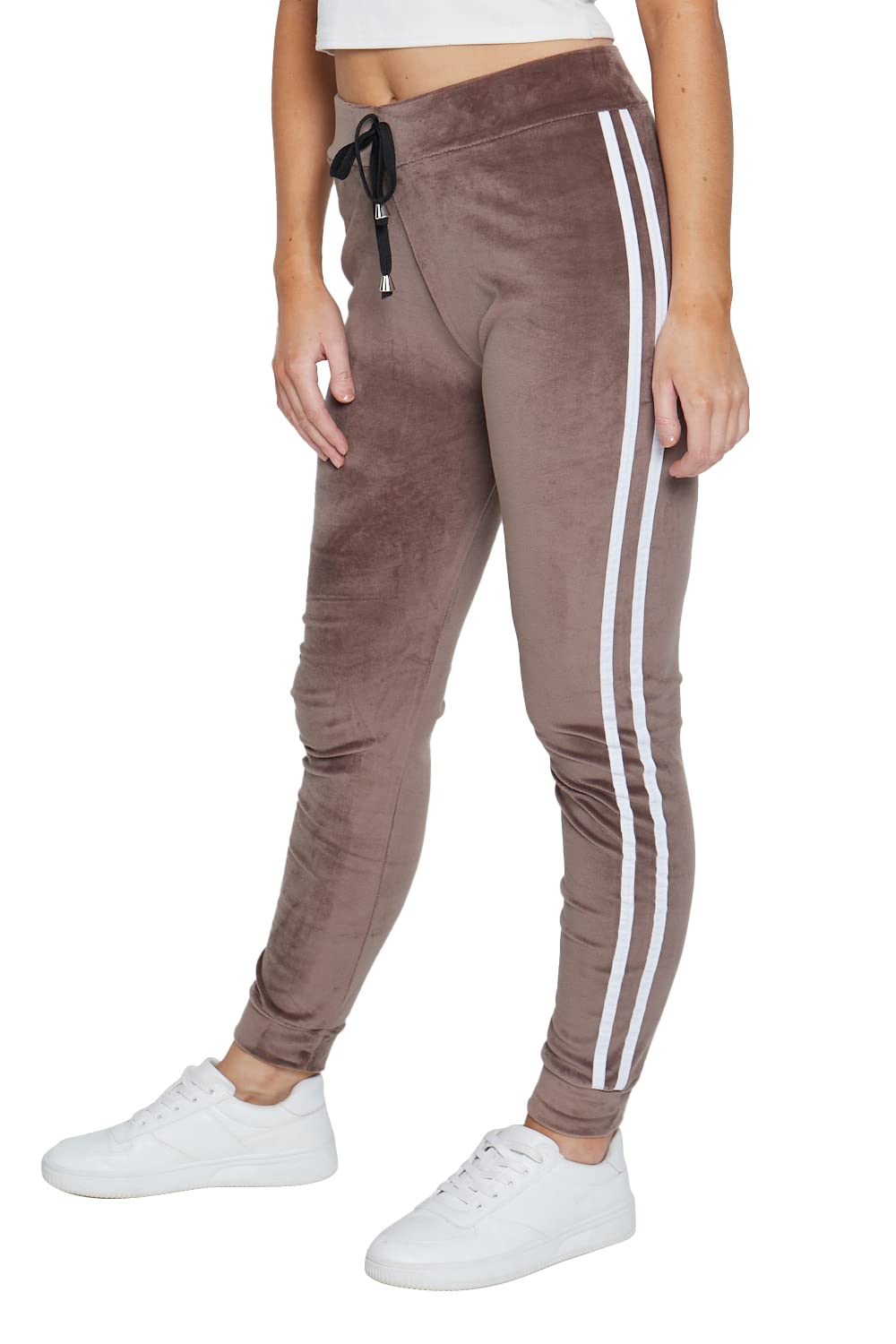 Women's Velour Jogger Sweatpants – Soft Velvet Tracksuit Bottoms with Side Stripes, High Rise, Elastic Waistband (8-14) Camel