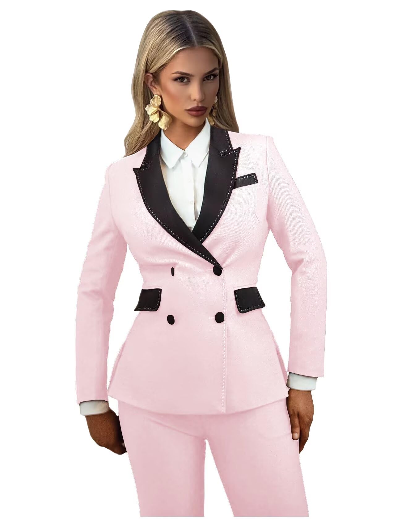 Fashion Pant Suits for Women Dressy 2 Piece Set Patchwork Lapel 4 Button Suits for Women Casual Womens