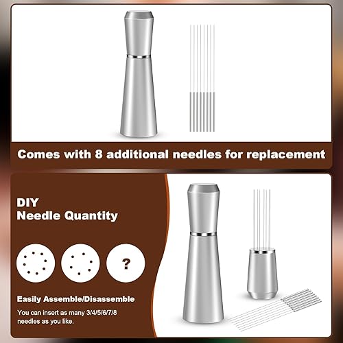 Miniatura 10 de WDT - Herramienta de café expreso plateado de metal, agitador de café expreso resistente, 8 pines, herramienta de distribución de espresso WDT para