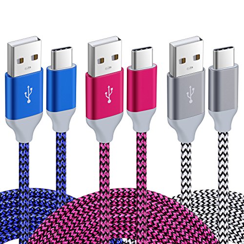 USB Type C Cable, Pofesun [3 Pack 10FT] USB C Cable USB-C to USB-A Fast Charger Nylon Braided Cord Compatible Samsung Galaxy S10+  S10  S9  S8 Plus Note 9 8,G5 G6 V30,Pixel 2 (White,Blue,Rose)