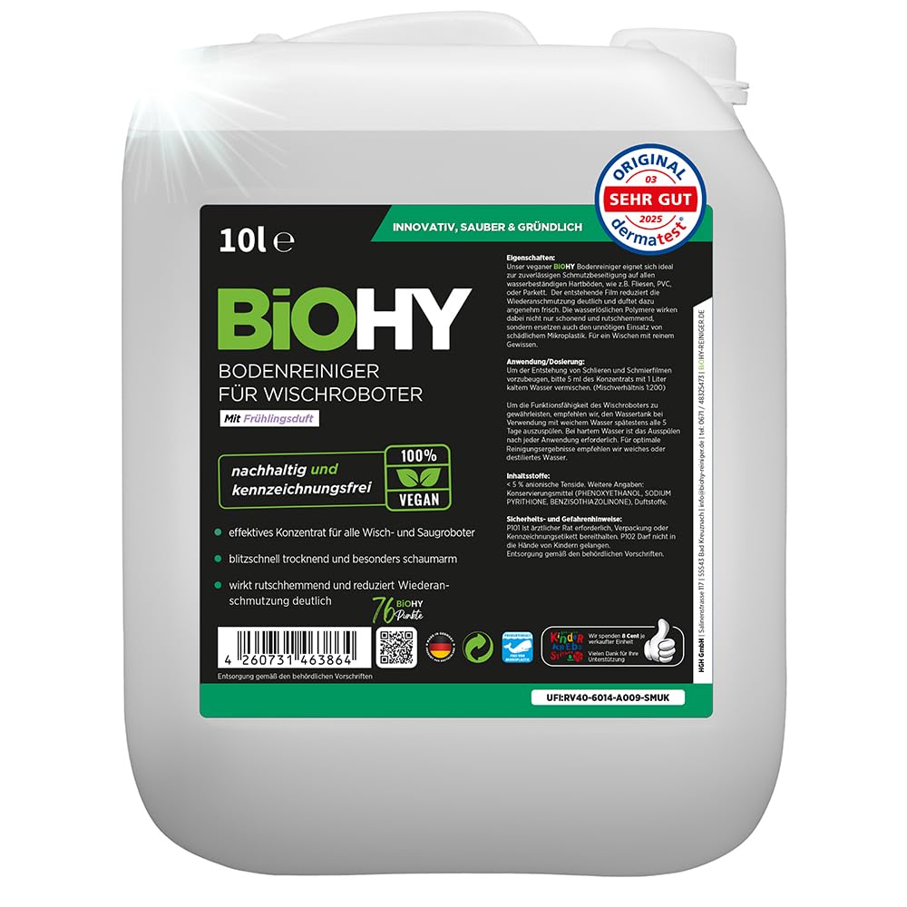 BiOHY Bodenreiniger für alle Wischroboter mit Frühlingsduft (10 Liter Kanister) | Schaumarm & Streifenfrei | Reinigungsmittel Konzentrat für alle Böden