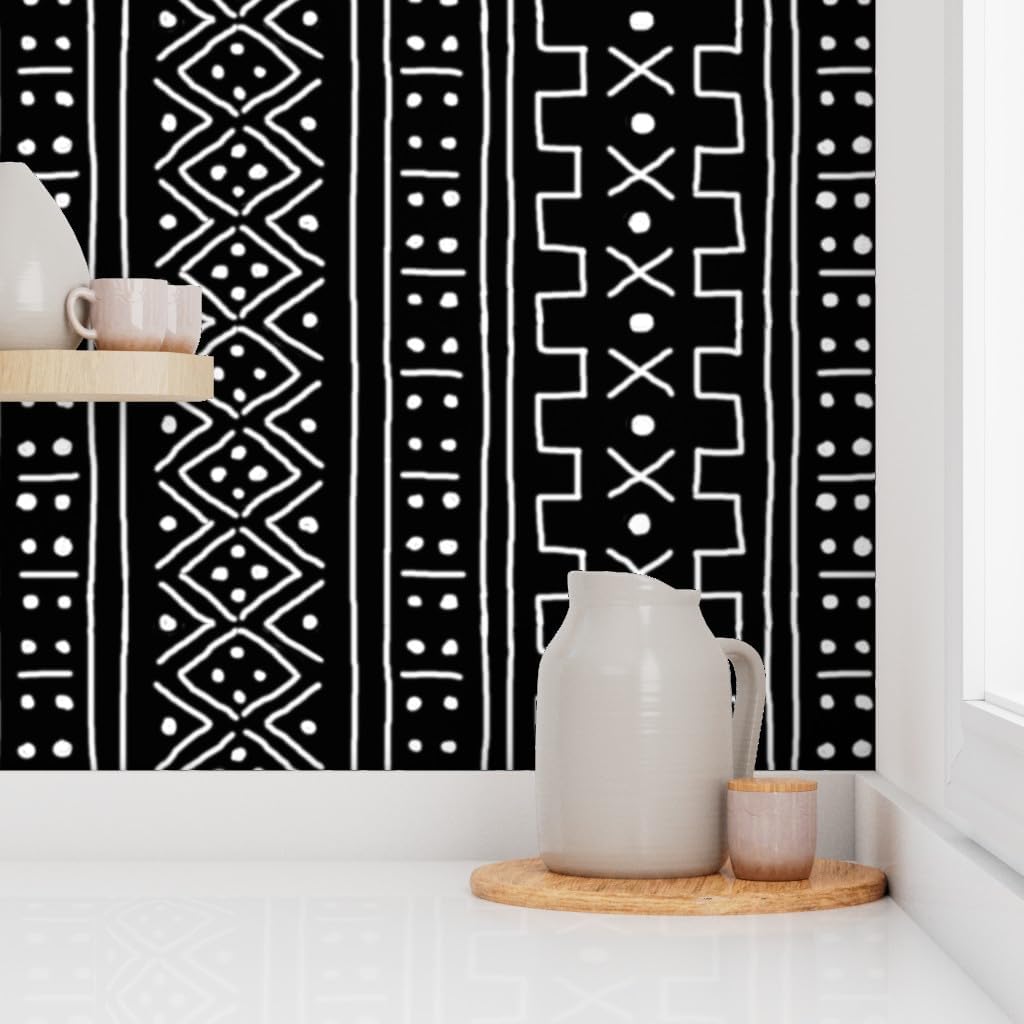 Peel & Stick Wallpaper 6ft x 2ft - White Black Mudcloth Inspired Geometric African Custom Removable Wallpaper by Spoonflower