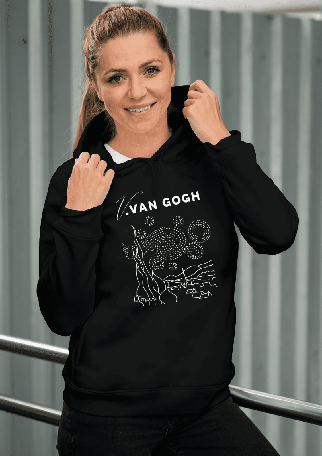 Damska bluza z kapturem Inspire z kolekcji Line Art Van Gogh B&W BCWW34B DC, czarny, XXL