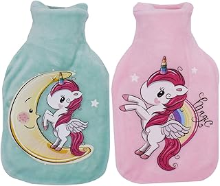 BESLIME Borsa dell'acqua Calda, Borsa dell'Acqua Calda con Custodia Peluche Morbida, Boule Acqua Calda in Gomma Naturale, Morbido e Caldo (Rosa e Verde) - 2 Pezzi