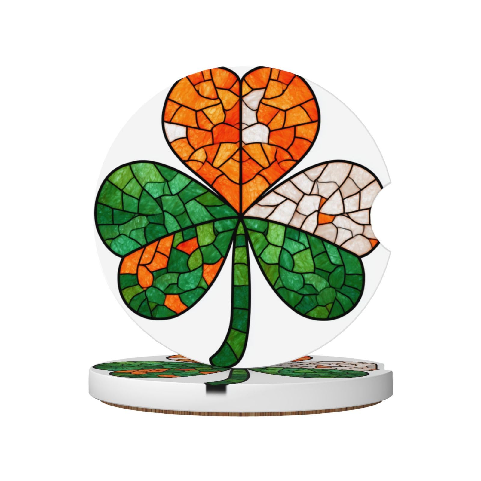 Stained Glass Shamrock in Orange Green Ceramic Coasters,2pcs