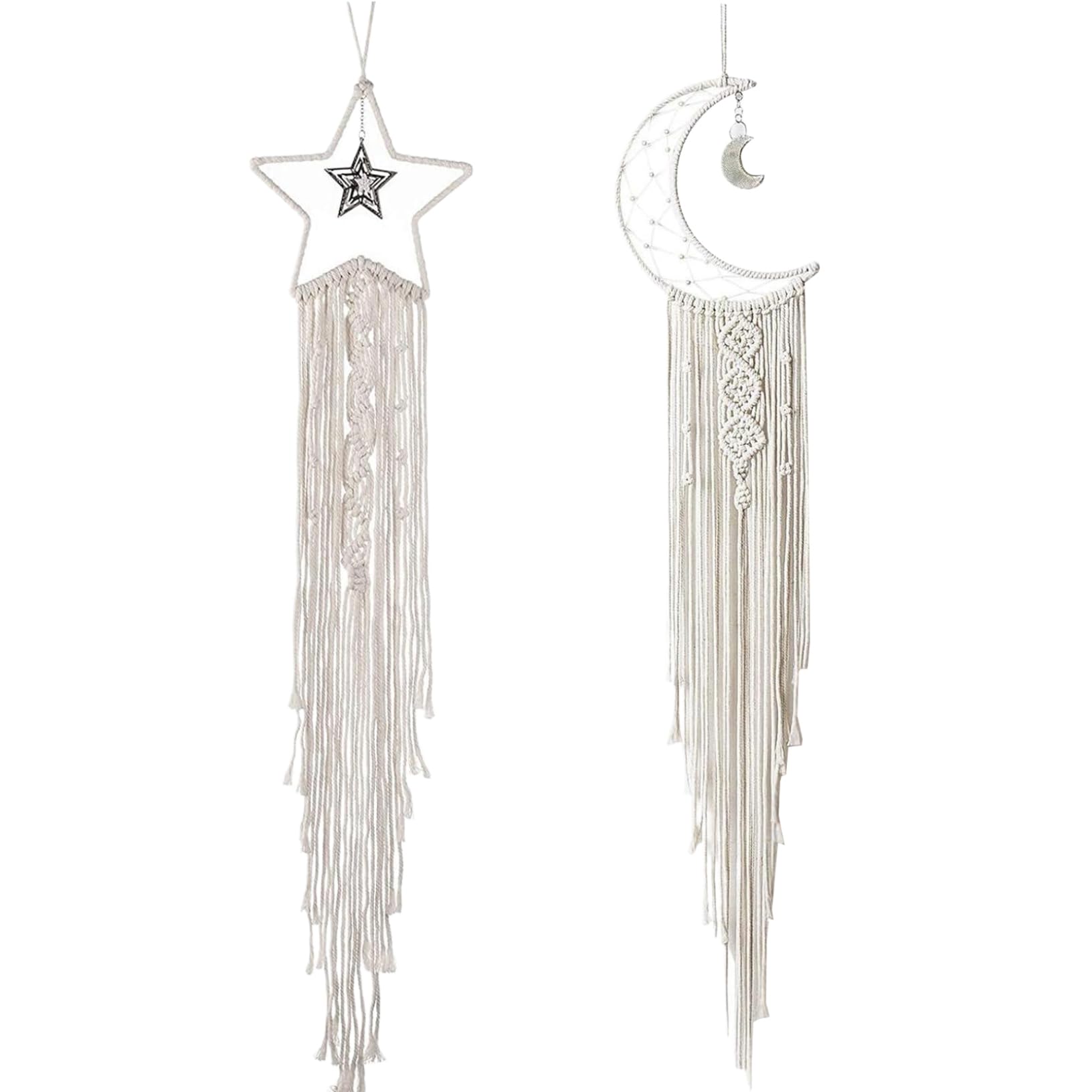 Awnsimfreien Girls 2Pcs Dream Catchers, Moon Star Dream Catcher Wall Decor With Light, 39 Inch Macrame Wall Hanging With Fringe, Boho Room Decor For Women, Catcher