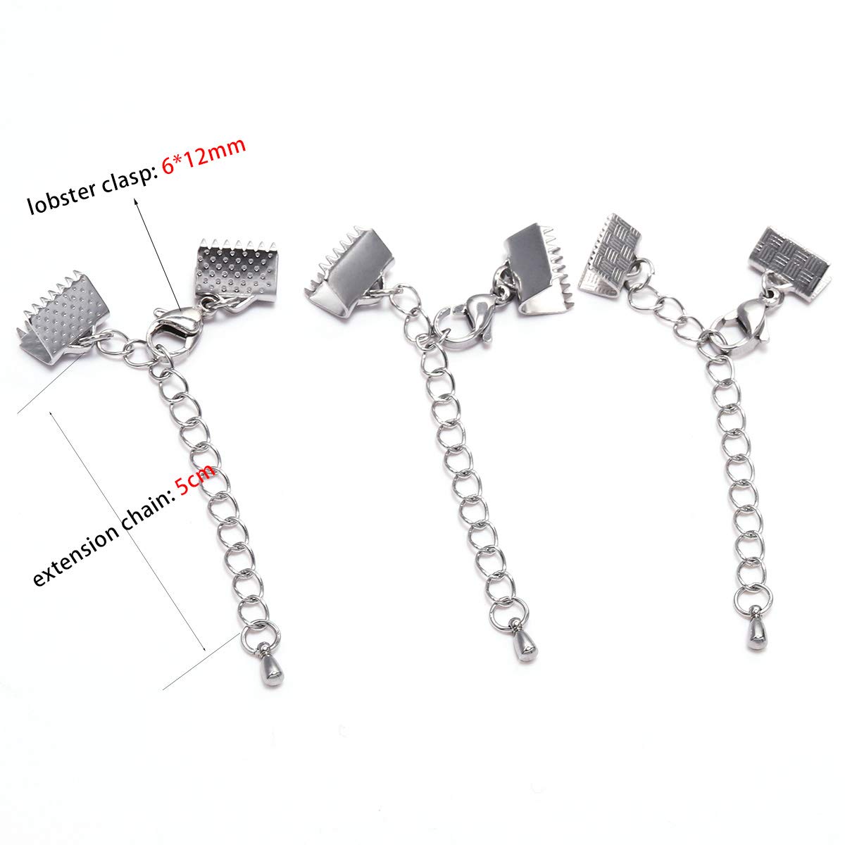 5pcs/lot Stainless Steel Textured End Caps Crimp Clasps Lobster Clasps Extension Chain Leather Cord Connector for Jewelry Making (Smooth Style, 15mm)