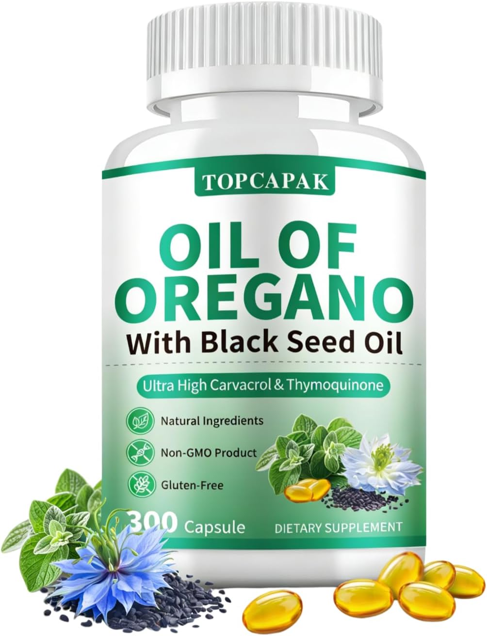 Oil of Oregano with Black Seed Oil Softgels - Ultra High Carvacrol & Thymoquinone, Natural Immune Support & Gut Health Supplement, Non-GMO, Gluten-Free, 200 Capsules