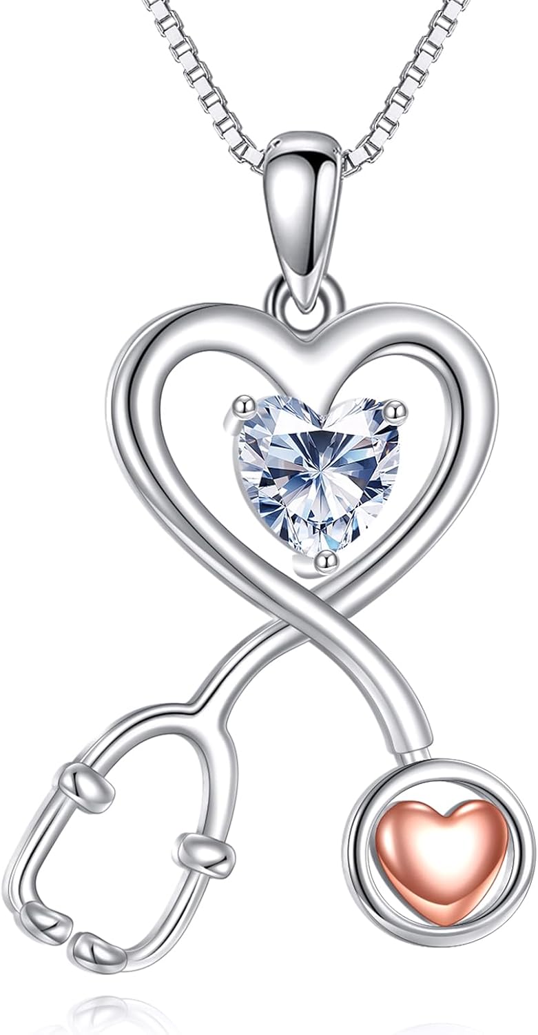 AOBOCO Nurse Gifts for Women 925 Sterling Silver Stethoscope Infinity Heart Pendant with 12 Months Birthstone Graduation Jewelry Gifts for Doctor Nurse RN Medical Student