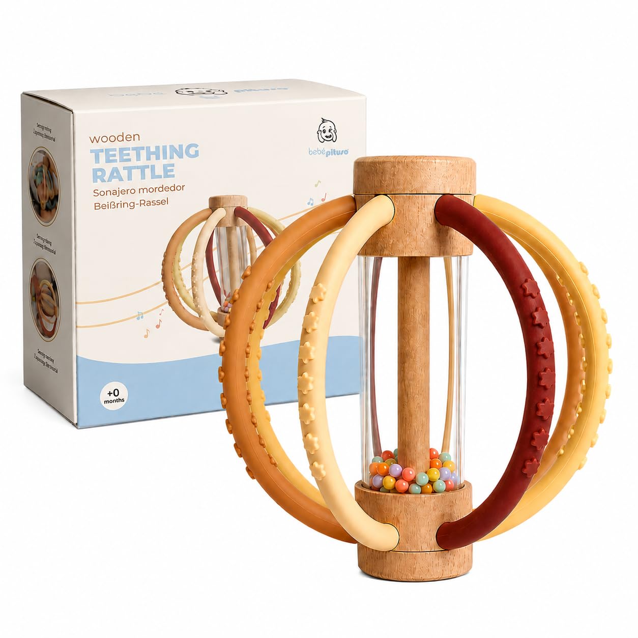 Sonajero mordedor bebe 0-6 meses con palo de lluvia, juguete Montessori sensorial sin BPA, con silicona y madera, fácil agarre y motricidad fina, 11,5 cm (Caramel) Bebe Pituso