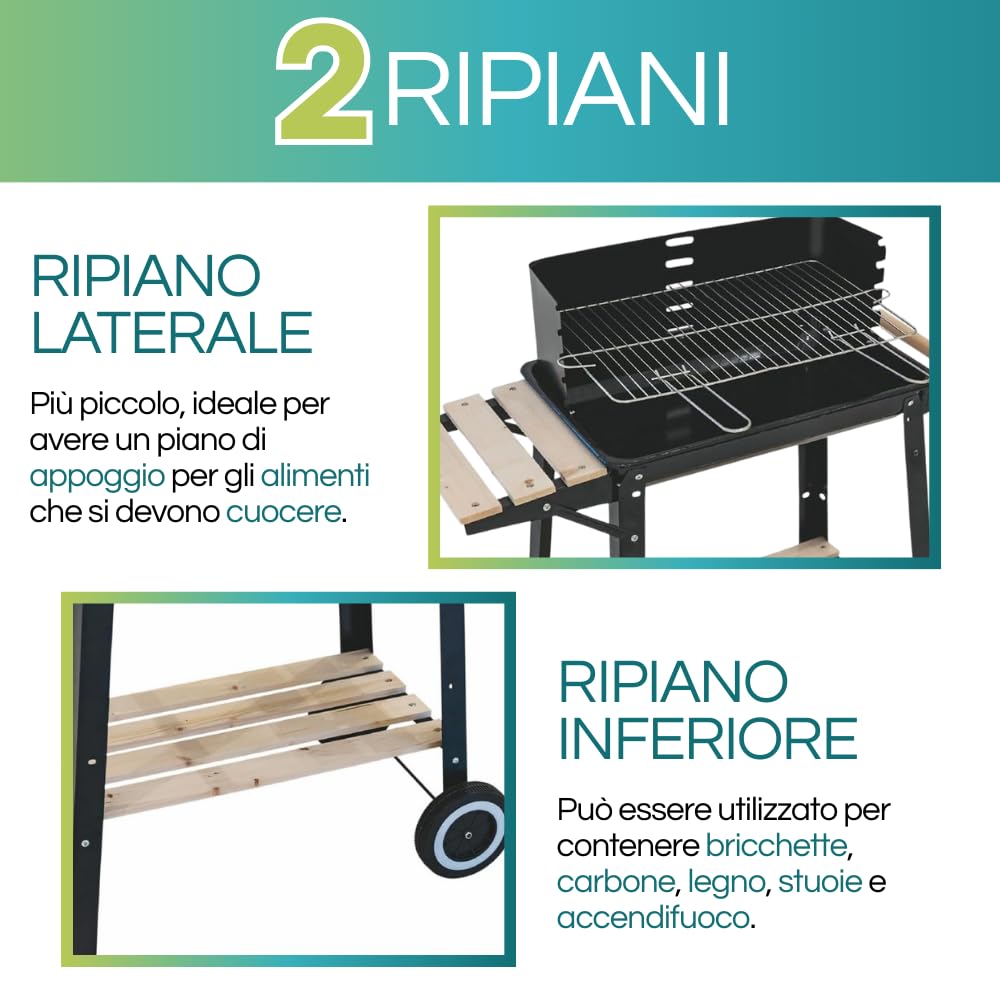 Virsus Barbecue a Carbonella in metallo, misura 53x33x85 cm, Grill portatile con 2 Ripiani in legno e griglia regolabile, Barbecue portatile con manico in legno e ruote per esterno 9754C