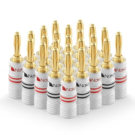 Nakamichi Excel Series 24k Gold Plated Banana Plug 12 AWG - 18 AWG Gauge Size 4mm for Speakers Amplifier Hi-Fi AV Receiver Stereo Home Theatre Audio Wire Cable Screw Connector 24 Pcs (12-Pairs)