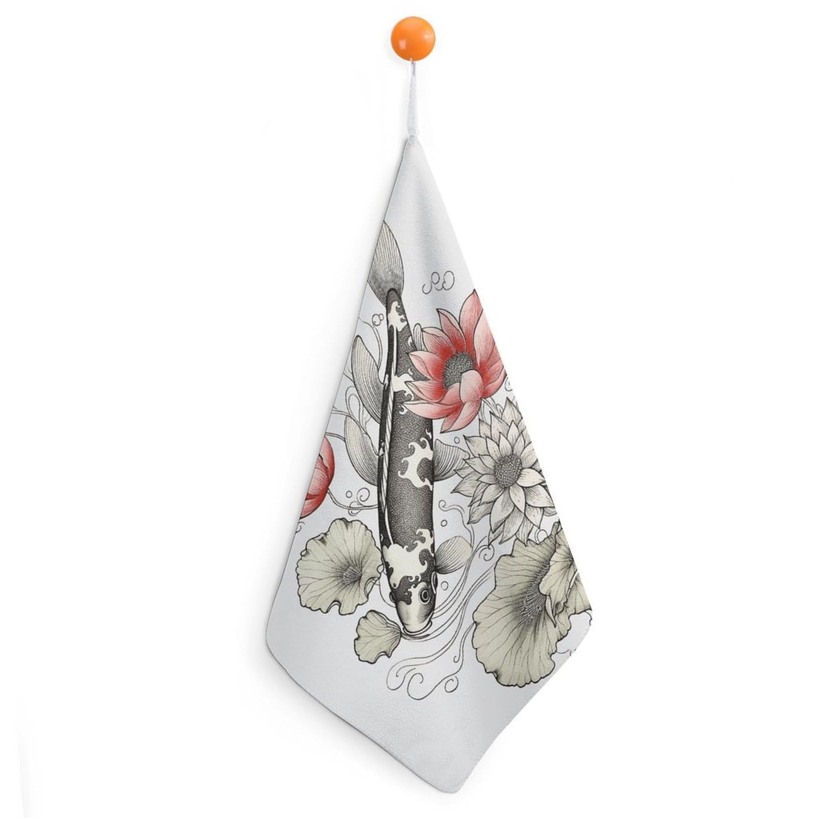 Fish Japanese Carp Lotus Leaves Flower Washcloth with Hanging Loop Quick Dry Microfiber Hand Towel Highly Absorbent Wash Cloth Reusable Makeup Remover Cloth Soft Feel Fingertip Towel for Bathroom