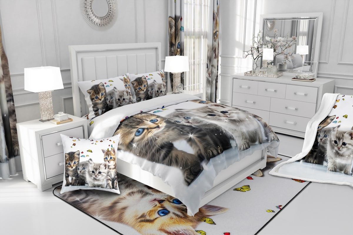 Erosebridal Cute Cat Bedding Comforter Set Twin Size, Colorful Butterfly Decor Duvet Cover for KidsTeens Boys Girls, Animal Pet Theme Quilt Cover, Fashion Decor Bed Set with 1 Pillowcase