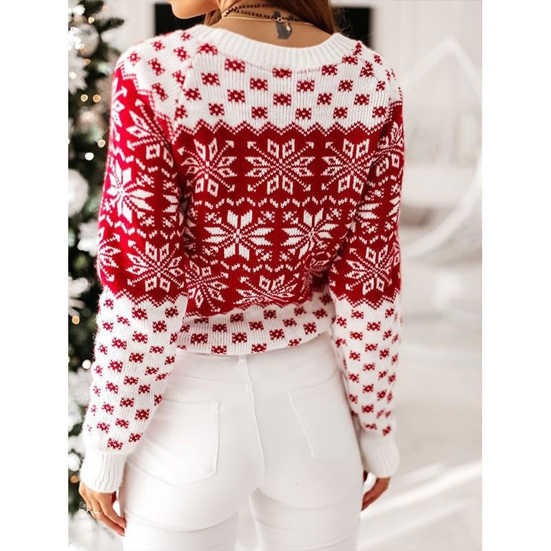 Women's Fall Winter Crew Neck Knitted Sweater Floral Ethnic Geometry Snowflake Cropped Boho Pullover Tops3