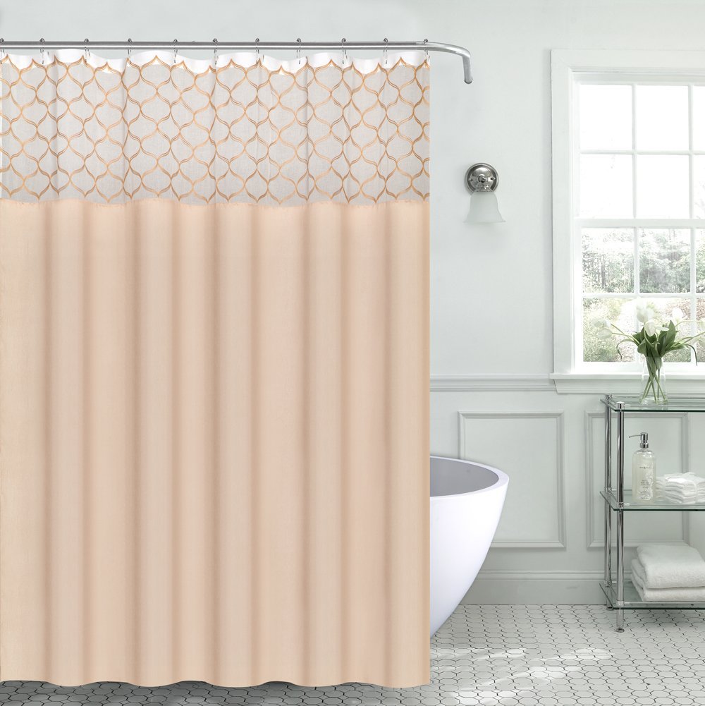 Regal Home Light Gold Sheer White Panel Embroidered Trellis Fabric Shower Curtain