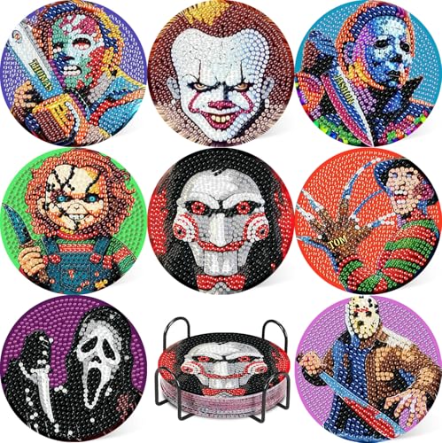 NEGEKFKX 8 Pcs Halloween Diamond Art Painting Coasters Kits Horror Coaster with Holder for Adults Non-Slip DIY Dot Paint Craft Kits 5D Full Drill DIY Diamond Dot Gem Art Kit Home Decor Arts Craft
