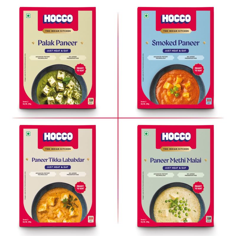 HOCCO Paneer Sabji Combo Pack of 4 (Smoked Paneer, Palak Paneer, Paneer Tikka Lababdar, Paneer Methi Malai) | Ready to Eat | Just Heat & Eat | No Added Preservative& Colours | Meal Ready in 5 Minutes