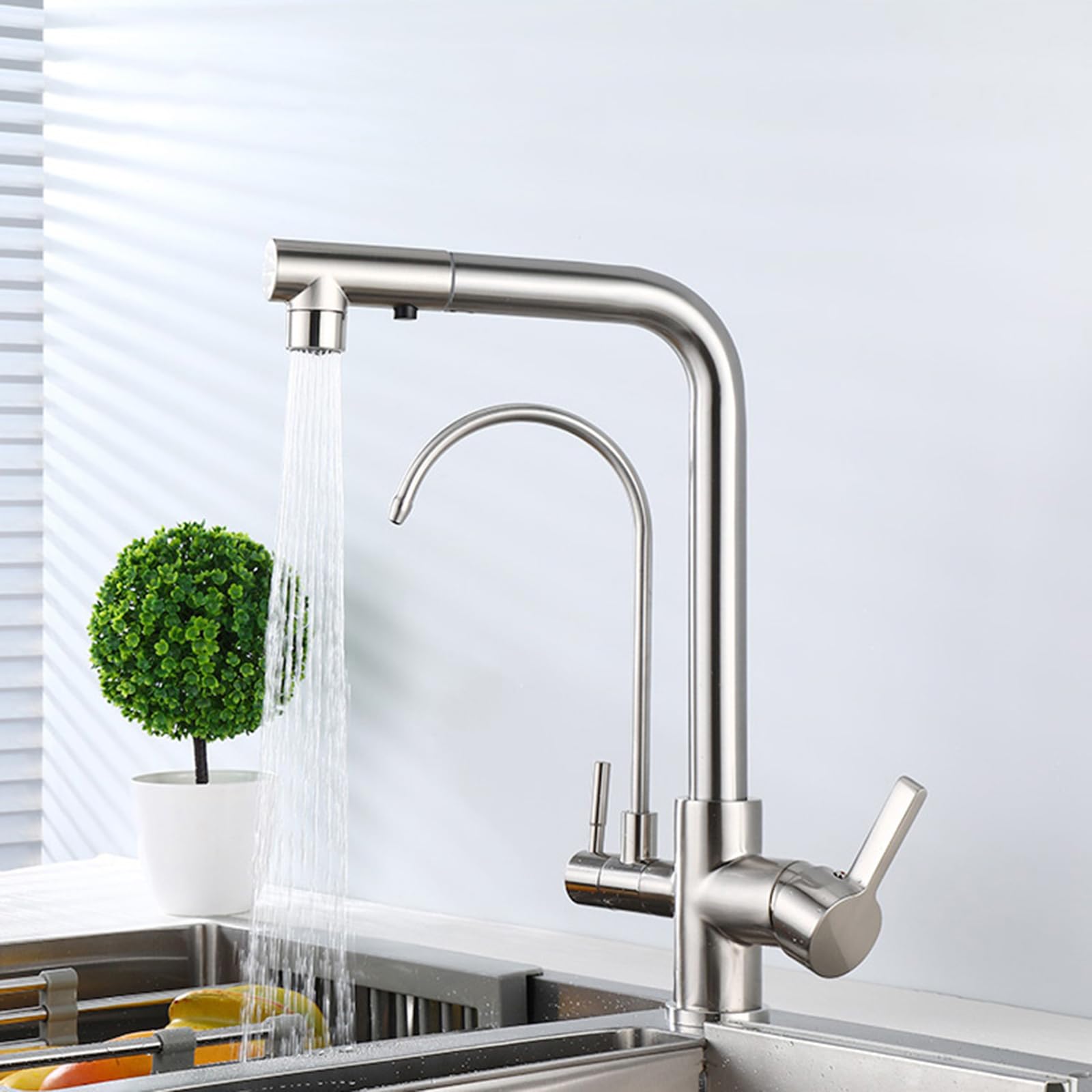 Robinet filtrant à eau à 3 voies en acier inoxydable brossé - Design double mode - Installation facile - Parfait pour l'eau potable et l'utilisation en cuisine