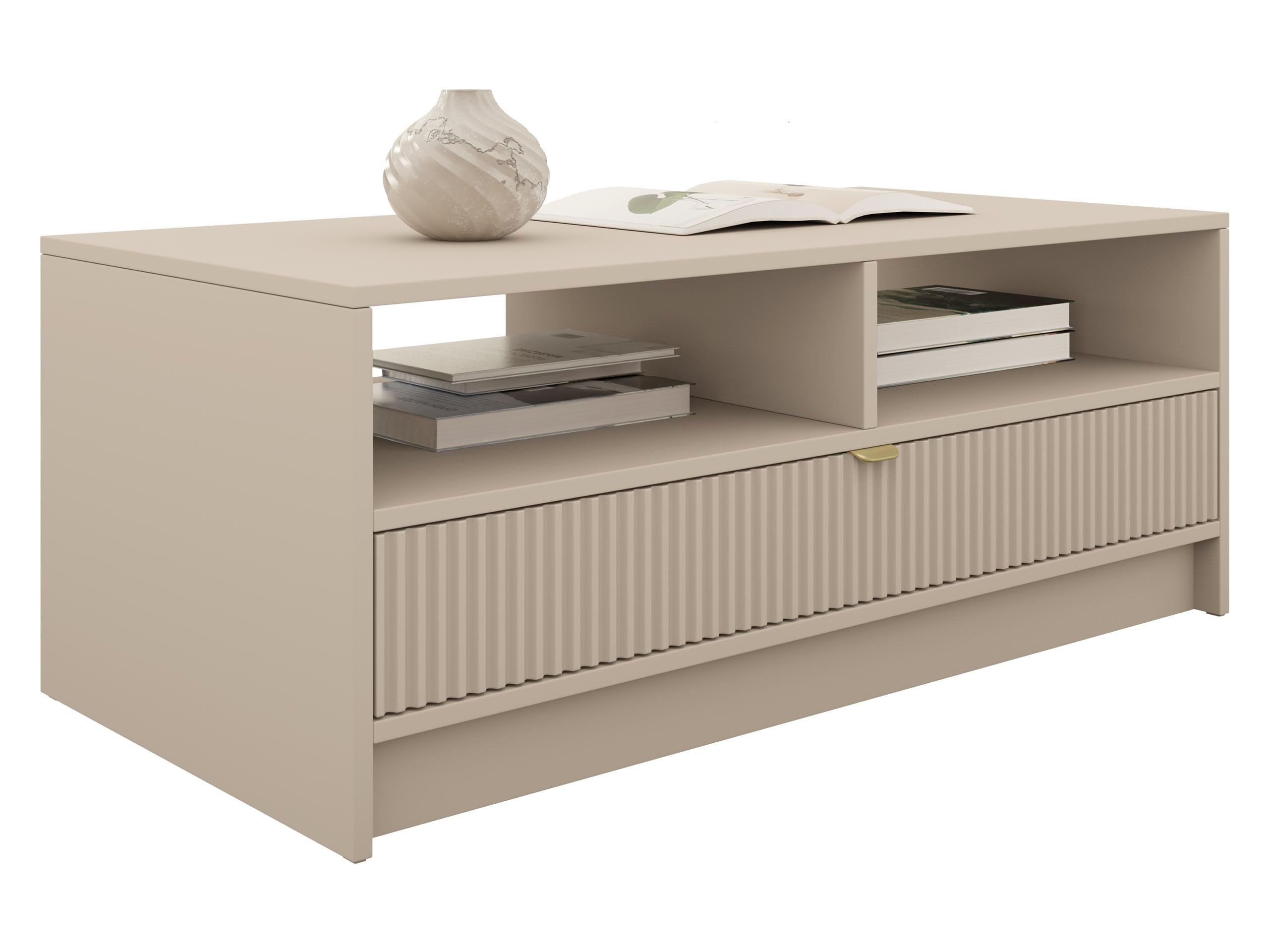Mirjan24 Couchtisch Tireno 1SZ mit Schublade (Sandbeige) | Kaffeetisch mit geriffelter Front, goldfarbenem Griff und Ablagefächern für Fernbedienungen, Zeitschriften und Zubehör
