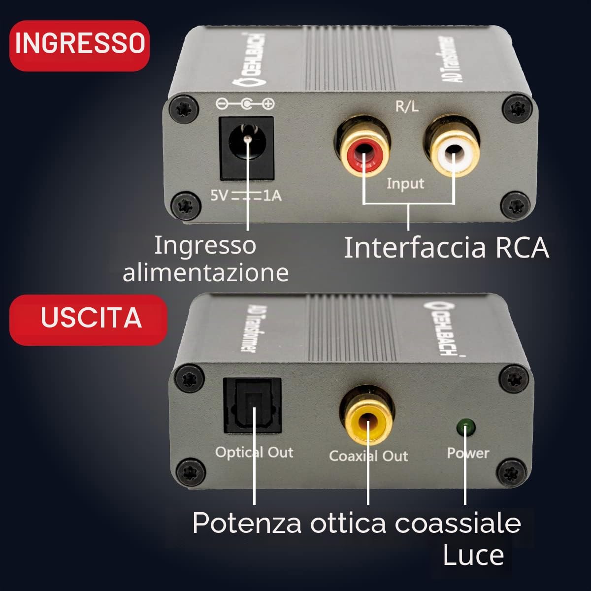 OEHLBACH AD Transformer - Convertitore di Segnale Audio Stereo Analogico a Digitale (RCA a Coassiale SPDIF Toslink - 24 bit 96 kHz) Interamente in Metallo