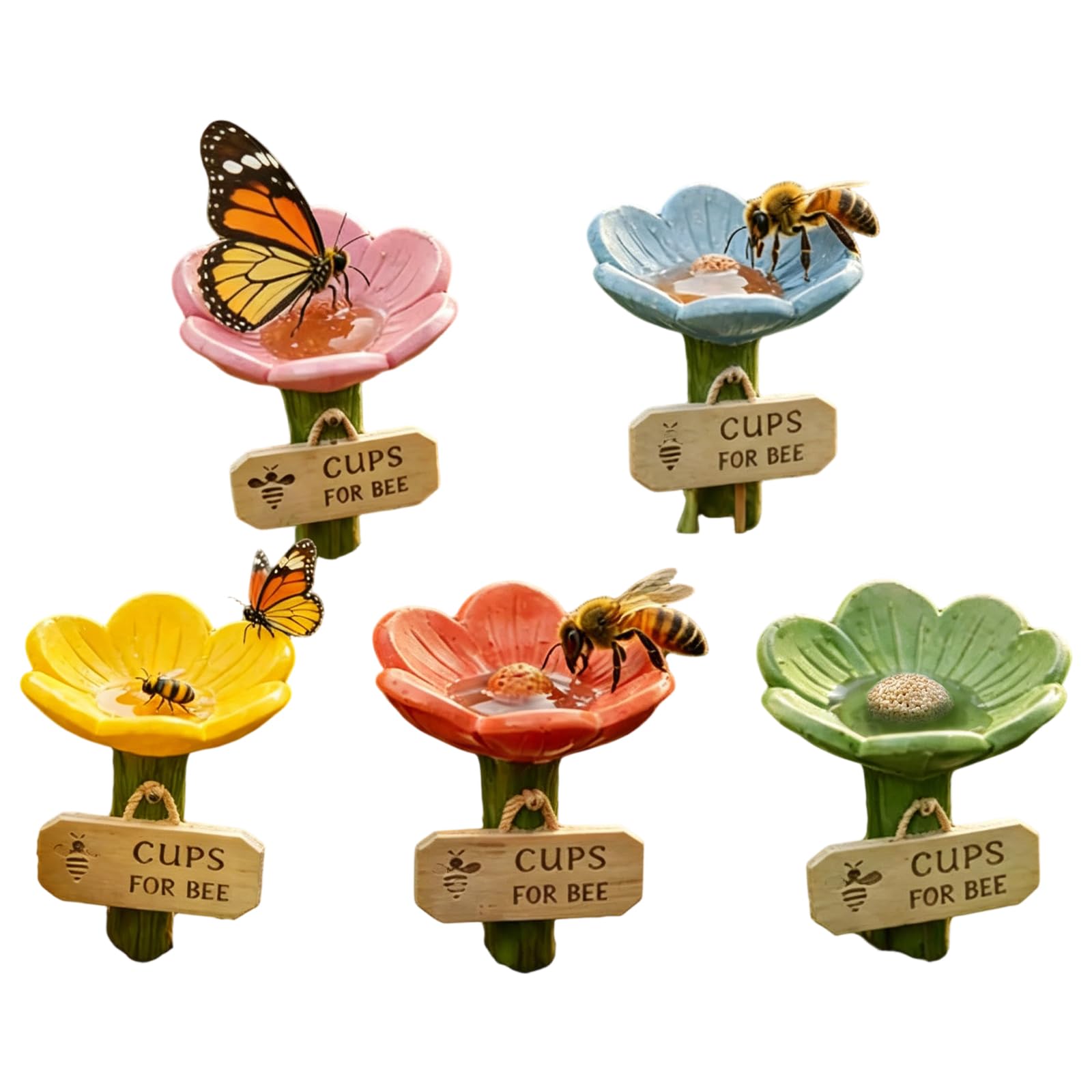 5Pcs Bee Watering Station for Garden, Flower Shaped Bee Cups Bees Drinking Cups for Thirsty Bees Garden Pollinator Hydration Support Feeders with Stake Base Outdoor Waterer for Gardens, Yard