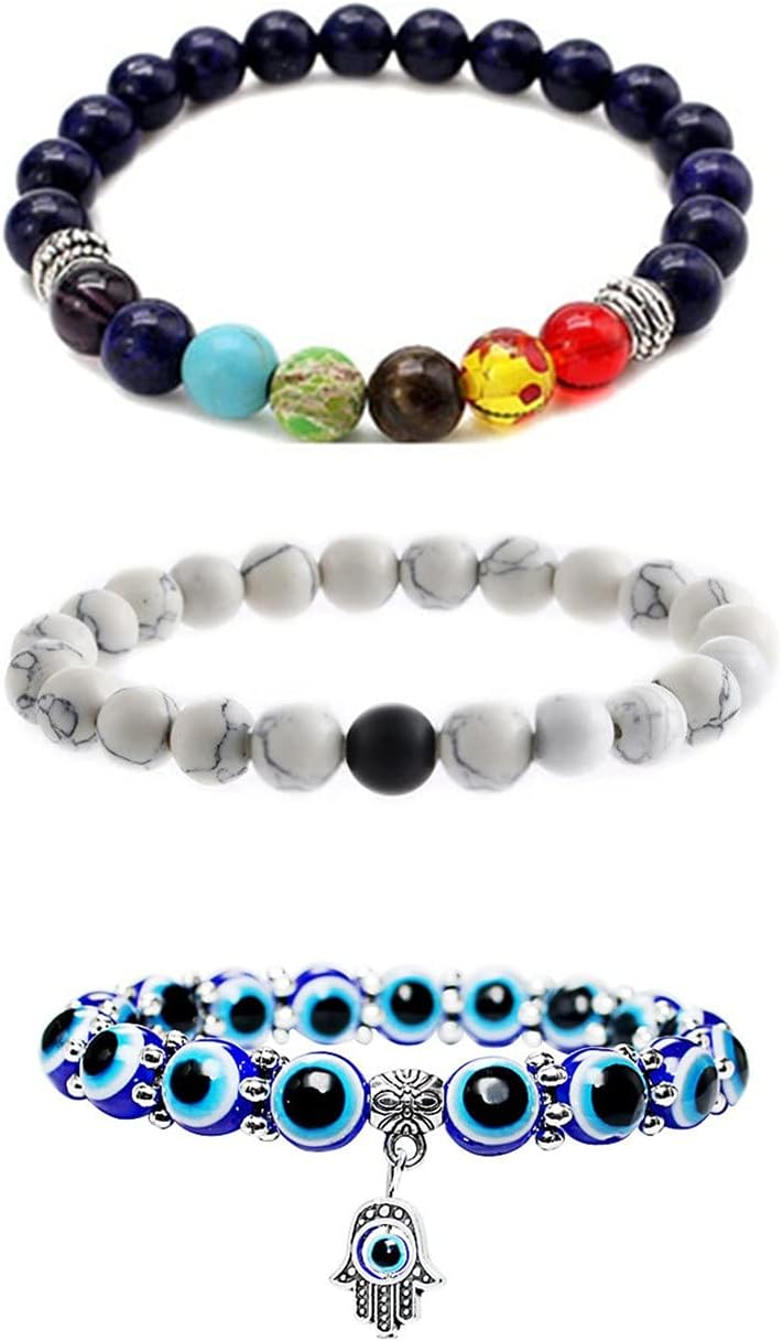 NC3Pcs Evil Eye Bracelet Set Chakra Beaded Bracelets Evil Eye Hamsa Blue Beaded Charm Stretch Bracelet 7 Chakra Gemstone Lava Stone Hamsa Mal De Ojo Bracelets Yoga Menditation Beads Bracelets