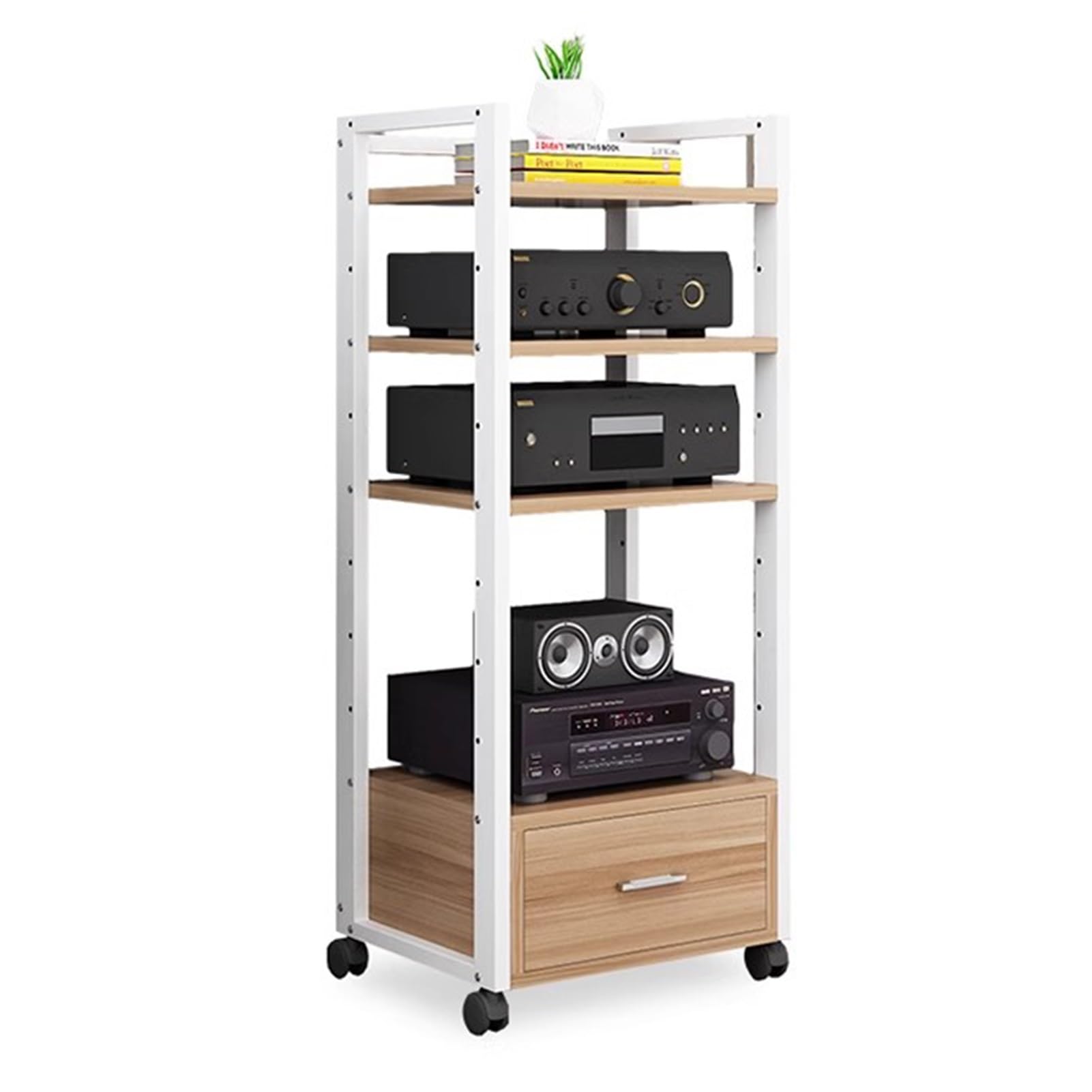 porta-DVD, Supporto stereo con telaio bianco, ruote e cassetto