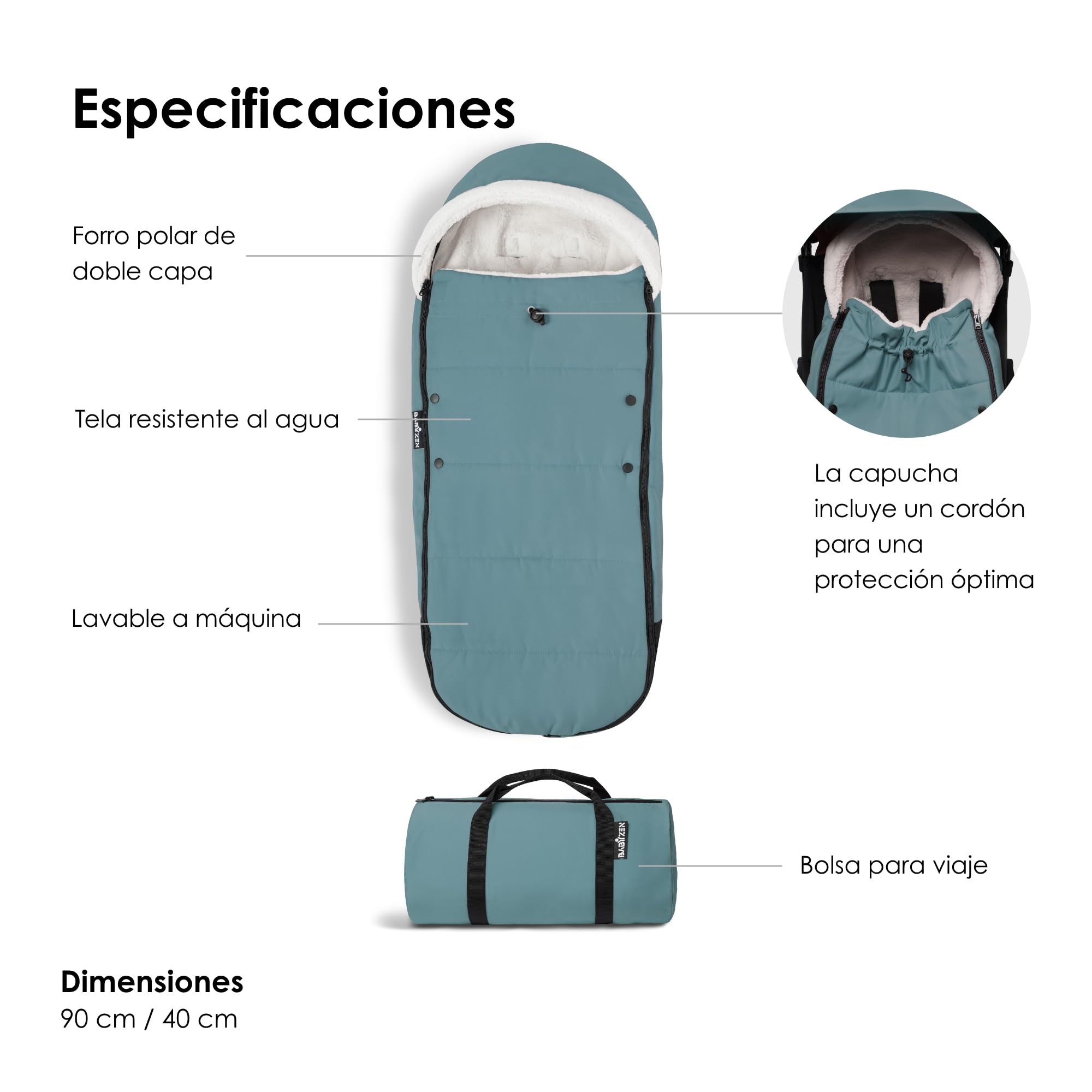 Saco BABYZEN YOYO, Aqua - Forro polar y capucha con cordón para mantener caliente al bebé - Incluye bolsa para viaje - Lavable a máquina