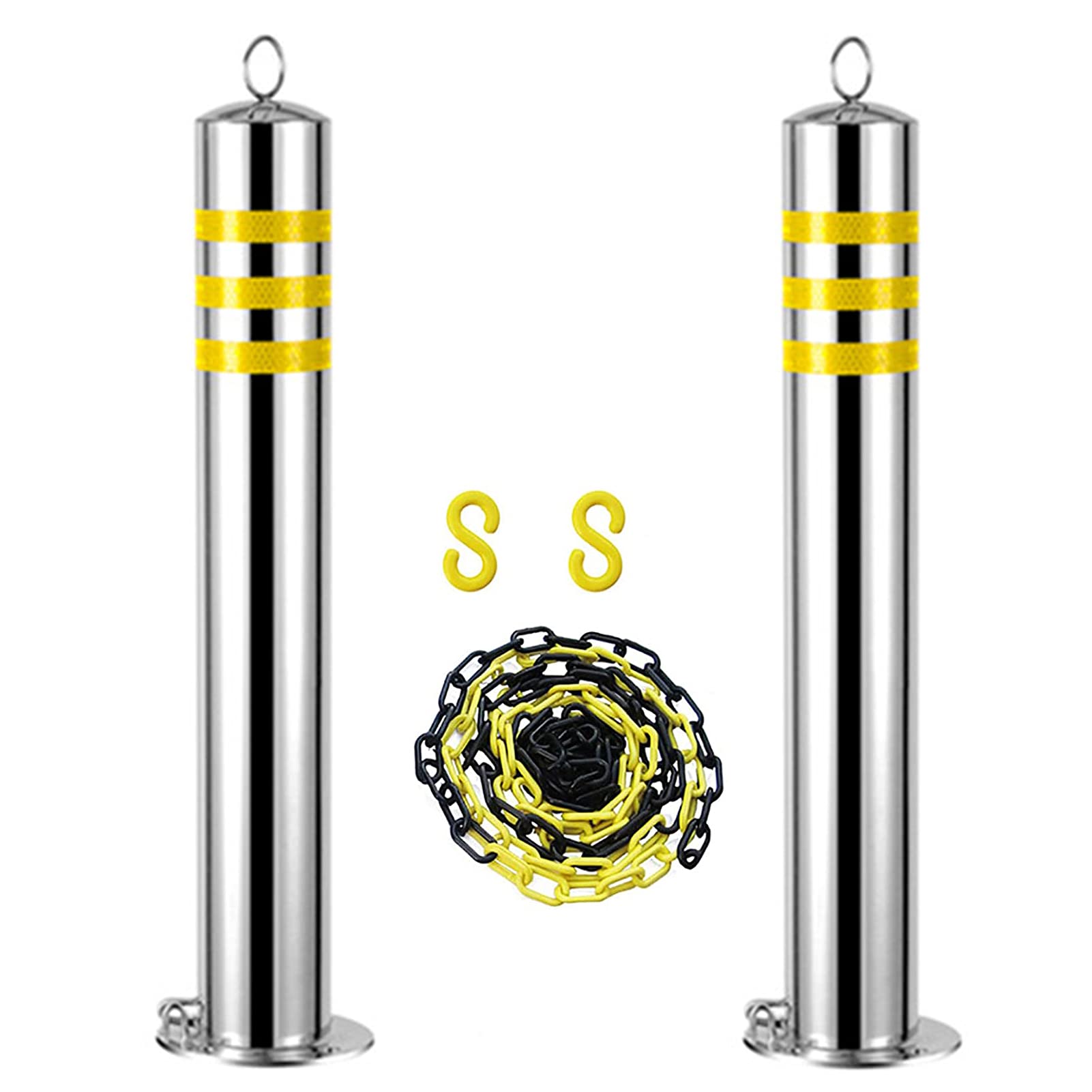 HCZKIUJY Reflective Driveway Parking Bollards 2 Pack Stainless Steel Bollard Posts with Plastic Chain and Lock Silver (Silver 800×76mm/31.5×3in)