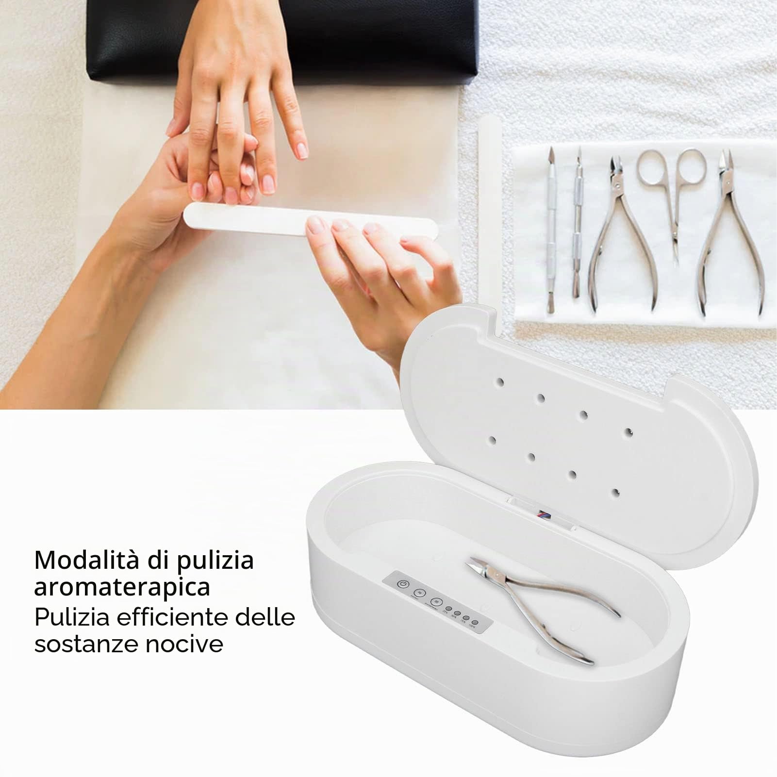 Sterilizzatore per Strumenti per Unghie, Sterilizzatore UV per Manichini, Scatola di Pulizia UV a 360 Gradi, Pulizia Rapida, Trasmissione Vocale, Aromaterapia, Scatola