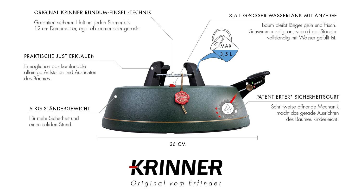 KRINNER® Comfort Grip M Christbaumständer Weihnachtsbaumständer inkl. Fußpedal Einseiltechnik mit 3,5 Liter Wassertank für Baumhöhe bis 2,5m MADE IN GERMANY 94225