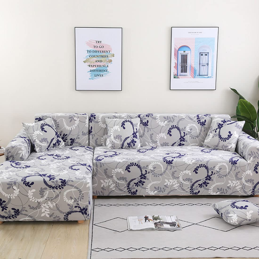 Housse de canapé imprimée extensible et antidérapante lavable en machine 4+4 places