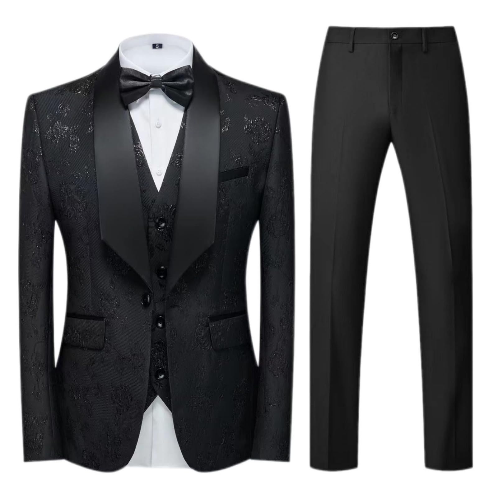 Męski 3-częściowy komplet garnituru Slim Fit z kołnierzem szalowym, żakardowa kamizelka i spodnie na wesele i do biznesu